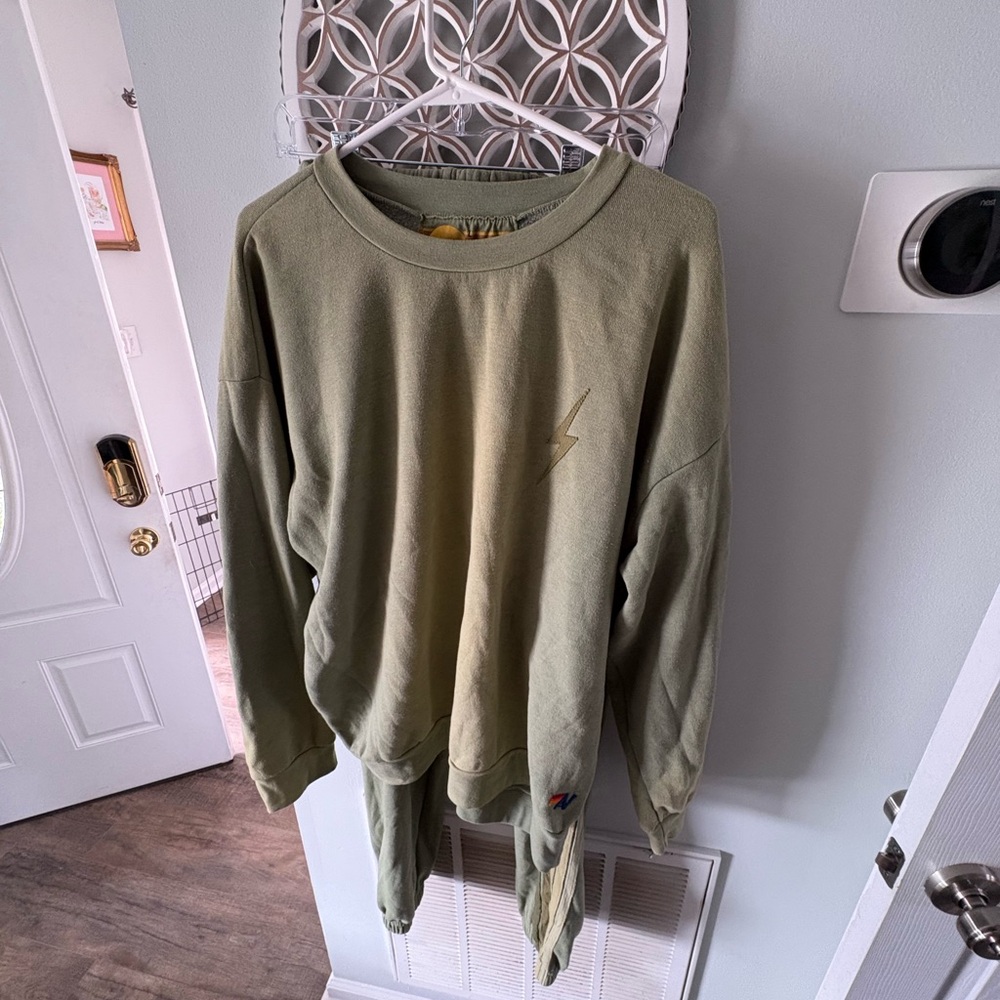 Aviator Nation Olive sweatshirt and joggers with lime and Yellow Stripes - Picture 4 of 9